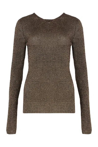 Miu Miu Lurex-blend Round-neck Ribbed Sweater In Brown