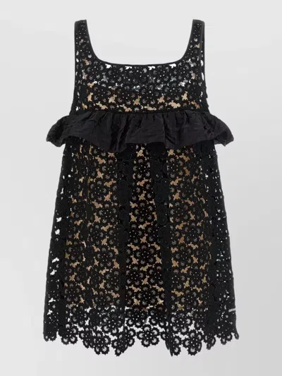 Miu Miu Macramé Mini Dress Square Neckline In Black