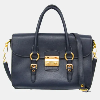 Pre-owned Miu Miu Madras Leather Handbag Navy In Blue