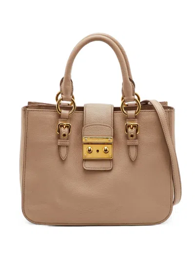 Pre-owned Miu Miu Madras Leather Tote Bag In Neutrals