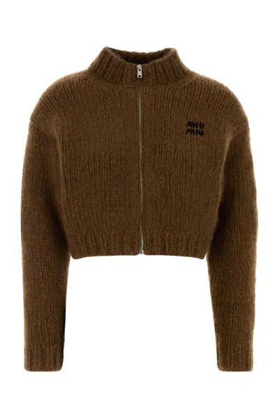 Miu Miu Cashmere Cardigan Cropped High Neck Ribbed In Brown