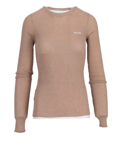 Miu Miu Maglieria Cashmere Silk Ribs F.21 In Brown