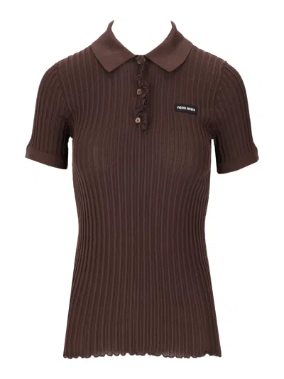 Miu Miu Silk Knit Polo Top Short Sleeves Buttons In Brown