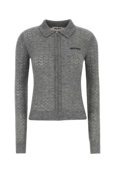 Miu Miu Cashmere Blend Cardigan Collar Detail In Gray