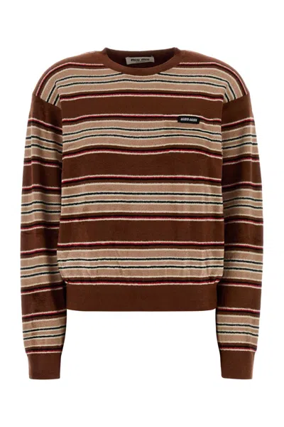 Miu Miu Chenille Sweater Featuring Embroidery Stripes In Brown