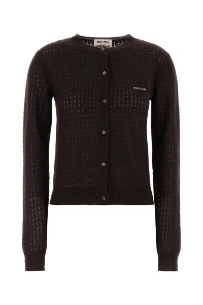 Miu Miu Cashmere Blend Cropped Cardigan Long Sleeves In Brown