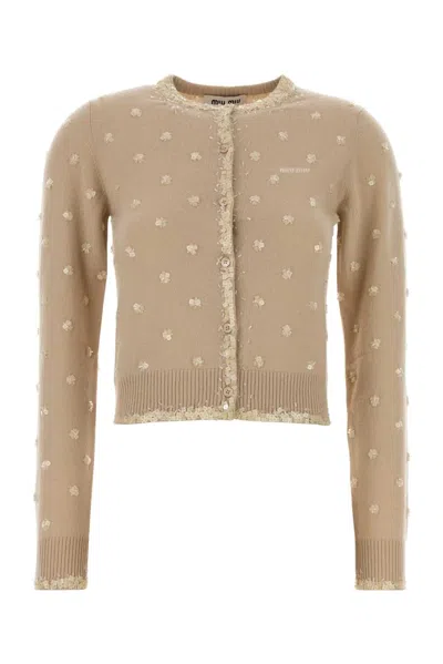 Miu Miu Embroidered Cashmere Cardigan In Brown
