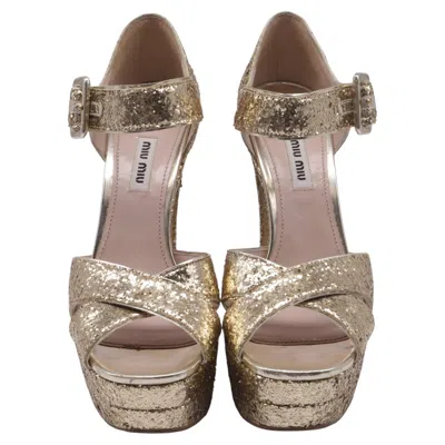 Pre-owned Miu Miu Mary Jane Cross Strap Platform Sandals In Gold Glitter In Brown