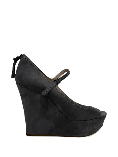 Pre-owned Miu Miu Mary Jane Peep-toe Wedge Pumps In Gray