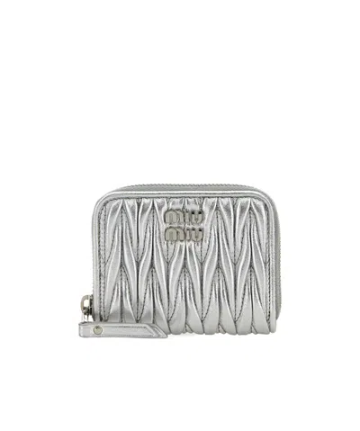 Miu Miu Small Matelassé Leather Wallet In Gray