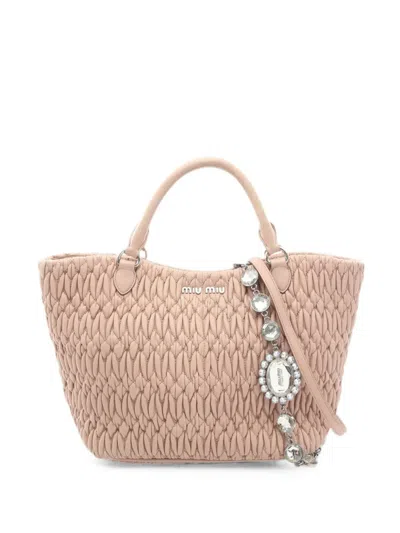 Pre-owned Miu Miu Matelasse Crystal 2way Handbag Leather Pink Beige In Neutral