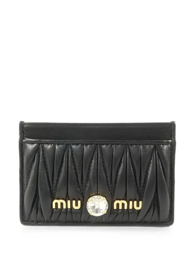 Pre-owned Miu Miu Matelassé Crystal-embellished Card Case In Black