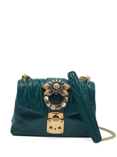 Pre-owned Miu Miu Matelassé Crystal-embellished Shoulder Bag In Green