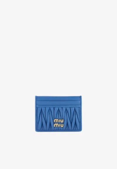 Miu Miu Matelassé Leather Logo Cardholder In Blue