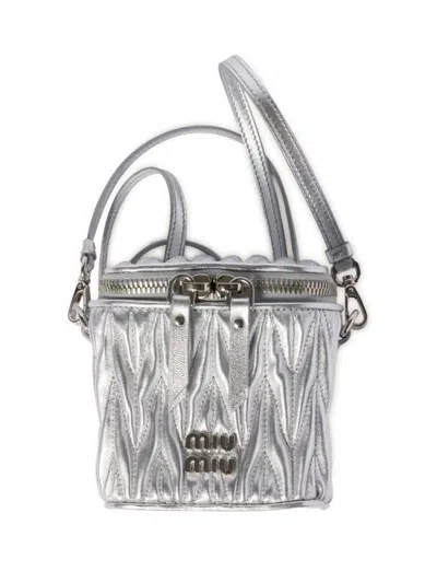 Miu Miu Matelassé Leather Micro Bag In Silber