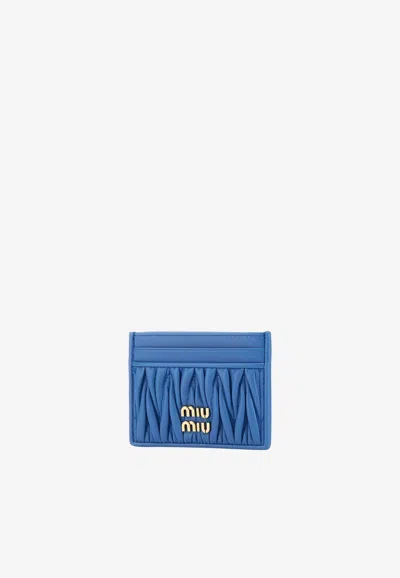 Miu Miu Matelassé Logo Plaque Leather Cardholder In Blue