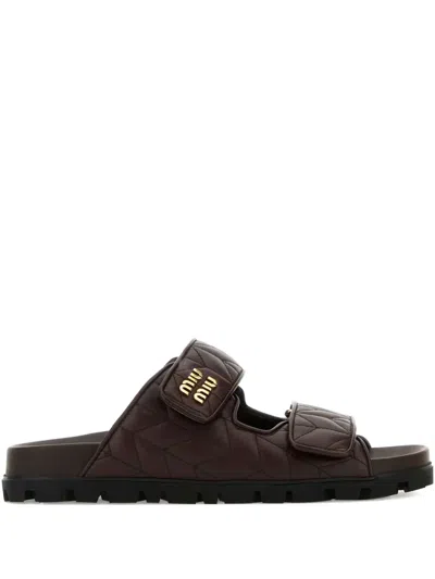 Miu Miu Dark Brown Leather Sandals In Burgundy