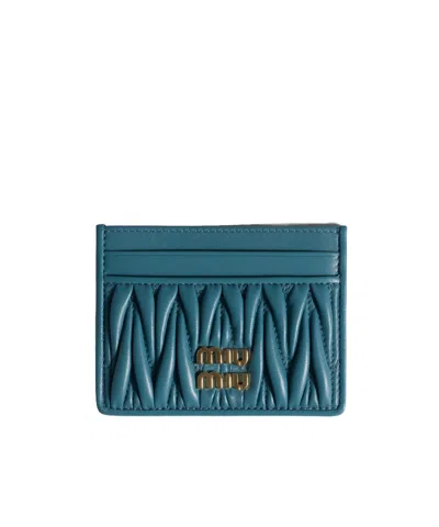 Miu Miu Matelassé Nappa Leather Card Holder In Blue
