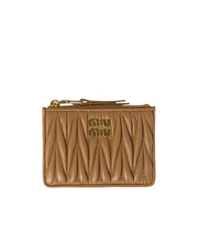 Miu Miu Matelassé Nappa Leather Card Holder In Brown