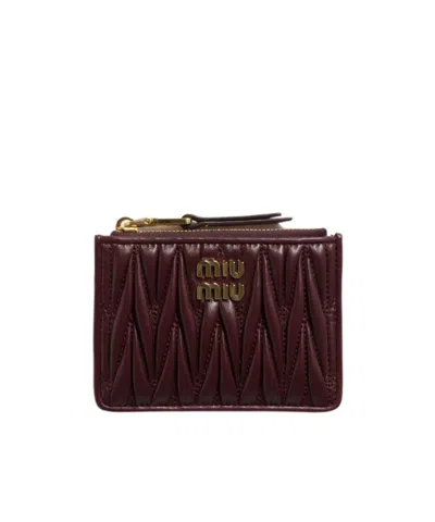 Miu Miu Nappa Leather Card Holder Quilted Design In Burgundy