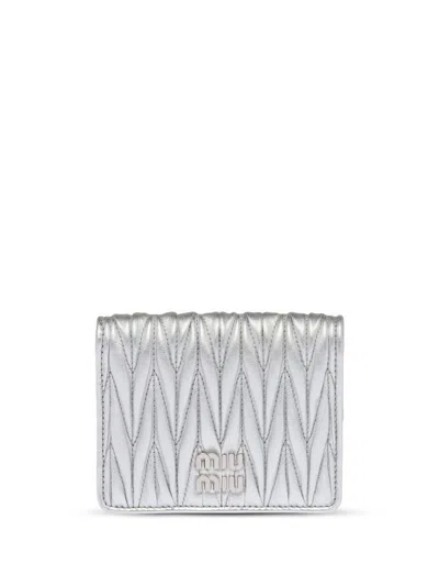 Miu Miu Matelassé Nappa Leather Wallet In Silver