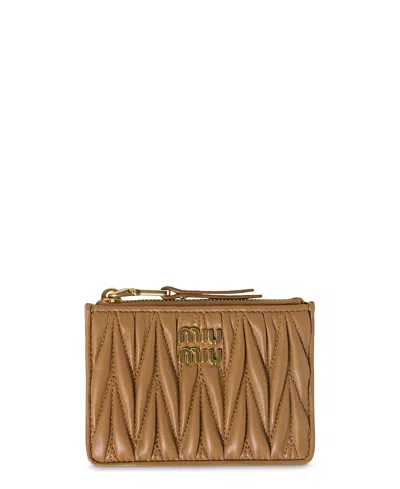 Miu Miu Matelasse Nappa Leather Zipper Card Holder In Brown