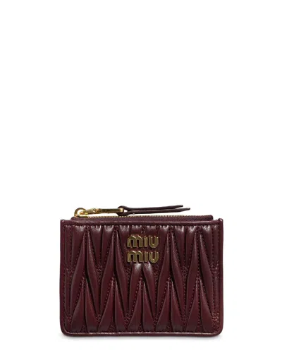 Miu Miu Matelasse Nappa Leather Zipper Card Holder In Burgundy