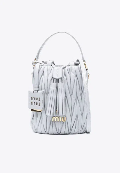 Miu Miu Matelassé Nappa Logo Bucket Bag In Gray