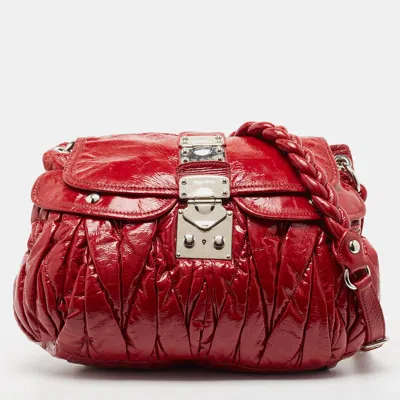 Miu Miu Matelassé Patent Leather Coffer Shoulder Bag In Red