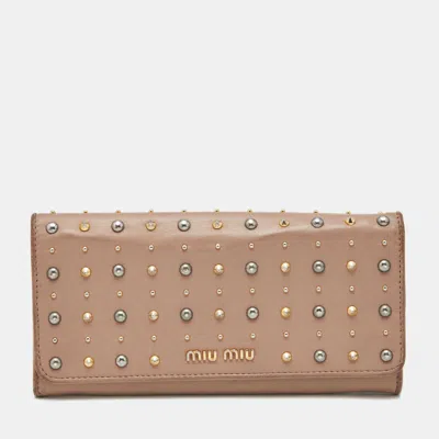 Pre-owned Miu Miu Mauve Leather Studded Flap Wallet In Pink