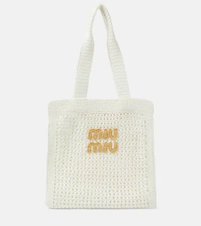Miu Miu Medium Logo Crochet Tote Bag In White