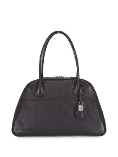 Miu Miu Medium Vivant Logo-embossed Leather Tote Bag In White