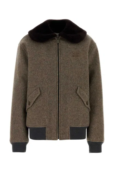 Miu Miu Melange Brown Wool Jacket In Black