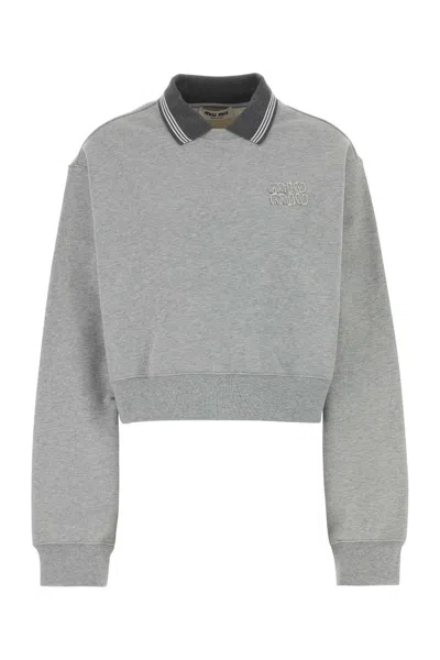 Miu Miu Melange Grey Cotton Oversize Sweatshirt In Gray