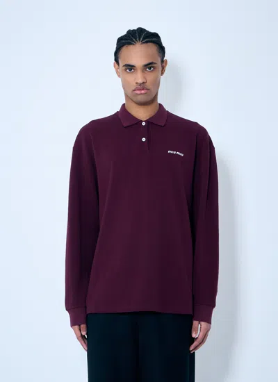 Miu Miu Men Logo Embroidery Polo Shirt In Brown