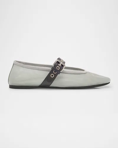 Miu Miu Mesh Buckle Mary-jane Ballerina Flats In Gray