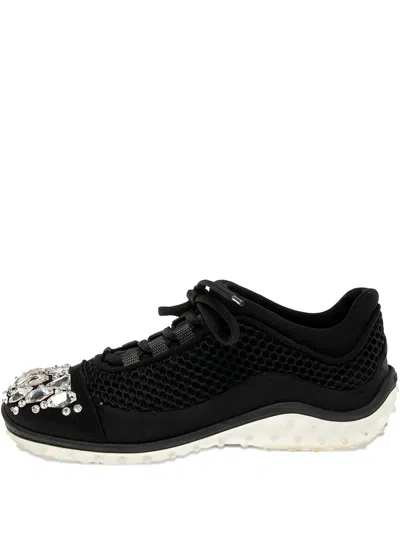 Pre-owned Miu Miu Mesh Crystal-embellished Sneakers In Black