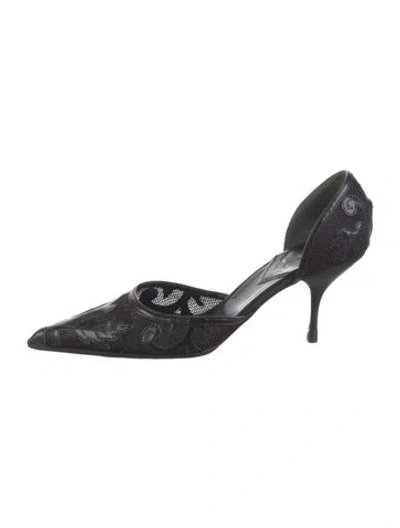 Pre-owned Miu Miu Mesh Leather Trim Embellishment D'orsay Pumps In Black