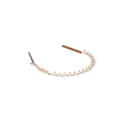 Miu Miu Metal And Leather Headband In Gold/cognac