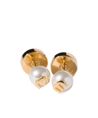 Miu Miu Metal And Pearl Earrings In Gold/cream