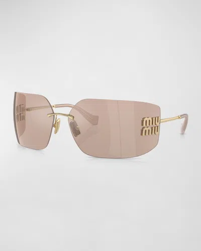 Miu Miu Metal Rimless Wrap Sunglasses In Pale Gold