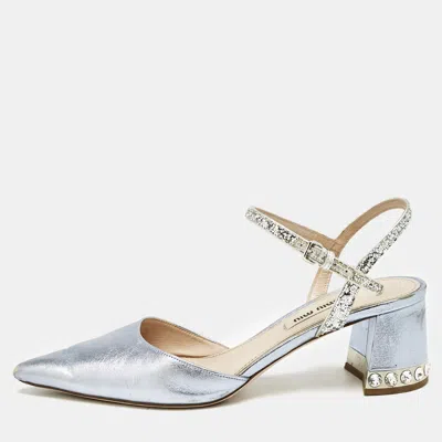 Pre-owned Miu Miu Metallic Blue Leather And Glitter Crystal Embellished Block Heel Pumps Size 38