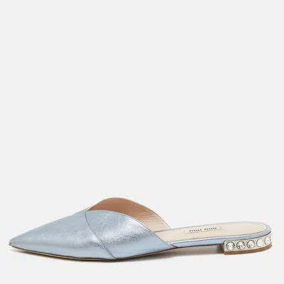 Pre-owned Miu Miu Metallic Blue Leather Crystal Embellished Mules Size 41