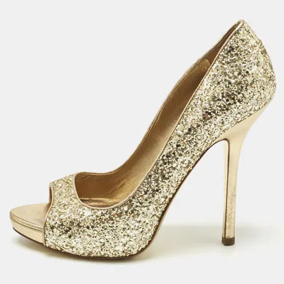 Pre-owned Miu Miu Metallic Gold Glitter Peep Toe Platform Pumps Size 39