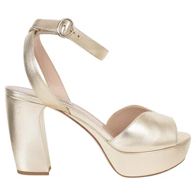 Pre-owned Miu Miu Metallic Gold Leather Ankle Strap Platform Sandals Shoes 39
