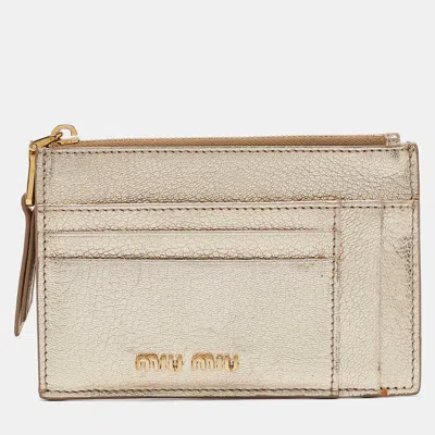 Pre-owned Miu Miu Metallic Gold Madras Leather Zip Card Holder