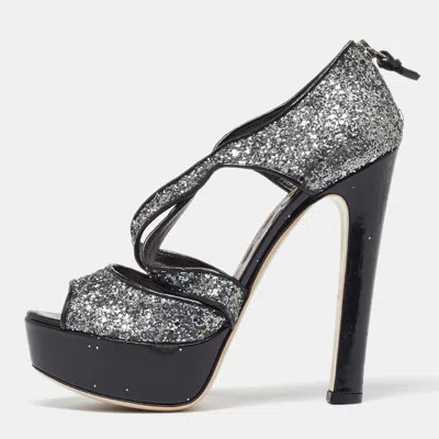 Pre-owned Miu Miu Metallic Grey Coarse Glitter Platform Sandals Size 38.5