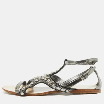 Pre-owned Miu Miu Metallic Leather And Glitter Ankle Strap Flat Sandals Size 39
