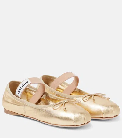 Miu Miu Metallic Leather Ballet Flats In Gold