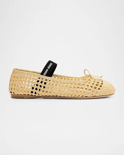Miu Miu Metallic Leather Crochet Ballerina Flats In Neutral